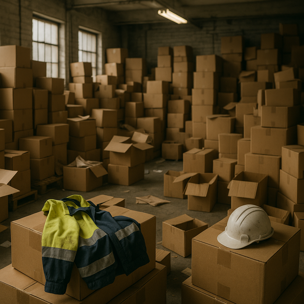 Depósito com caixas de uniformes empilhadas e estoque parado