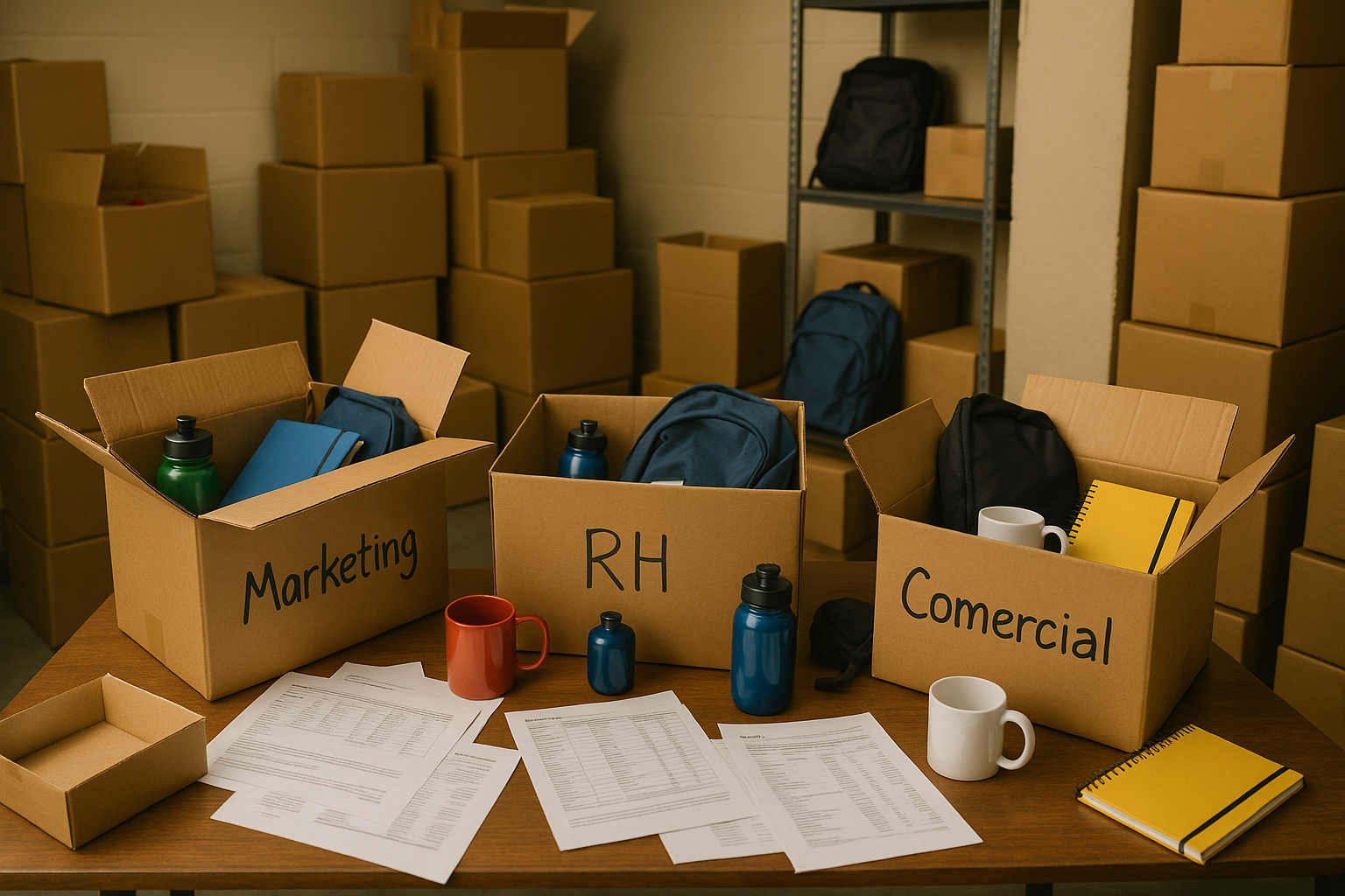 Armazém desorganizado com caixas e produtos espalhados, representando o caos operacional na gestão tradicional de brindes corporativos